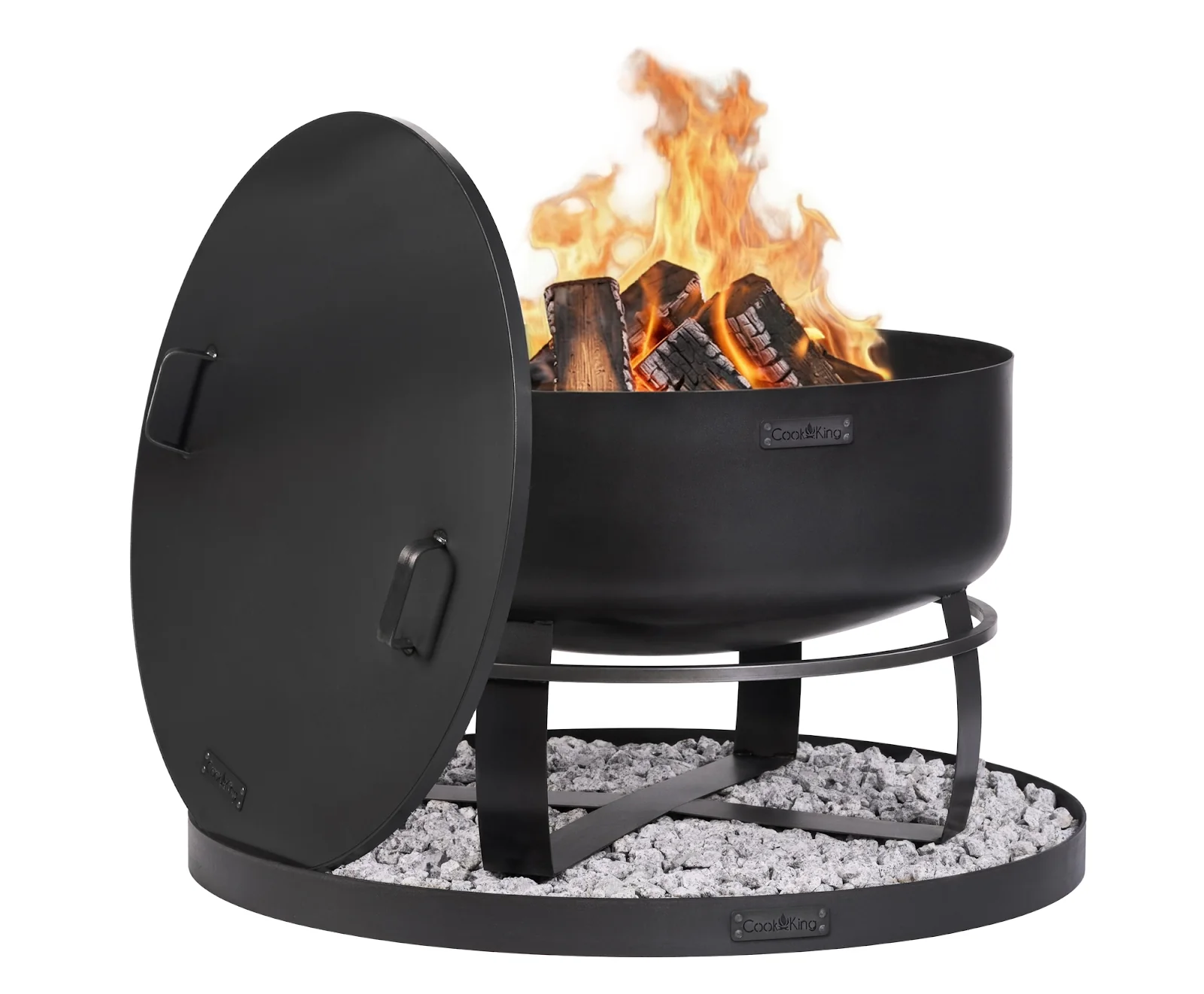 Cookking Feuerschale XXL "VIKING" 80 cm mit Randdeckel 81,5 cm und runder dekorativer Steinbasis 100 cm